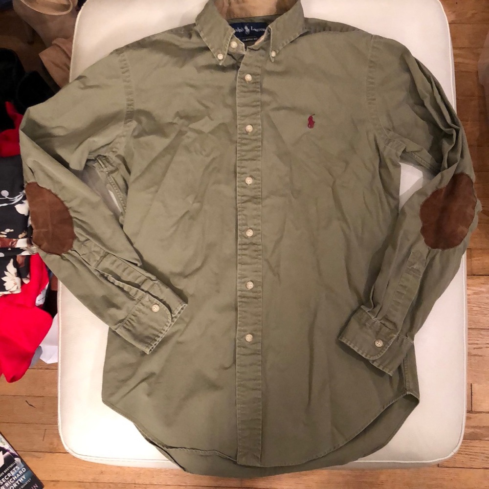 Ralph Lauren classic fit olive green shirt with brown leather elbow patches